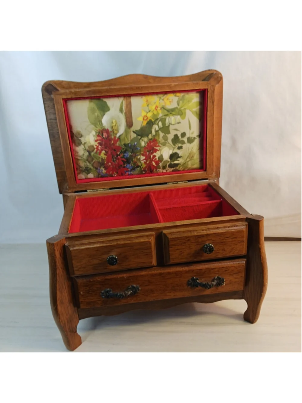 VTG Real Wood Wooden Musical Jewelry Box with Mirror & Drawer Red Interior